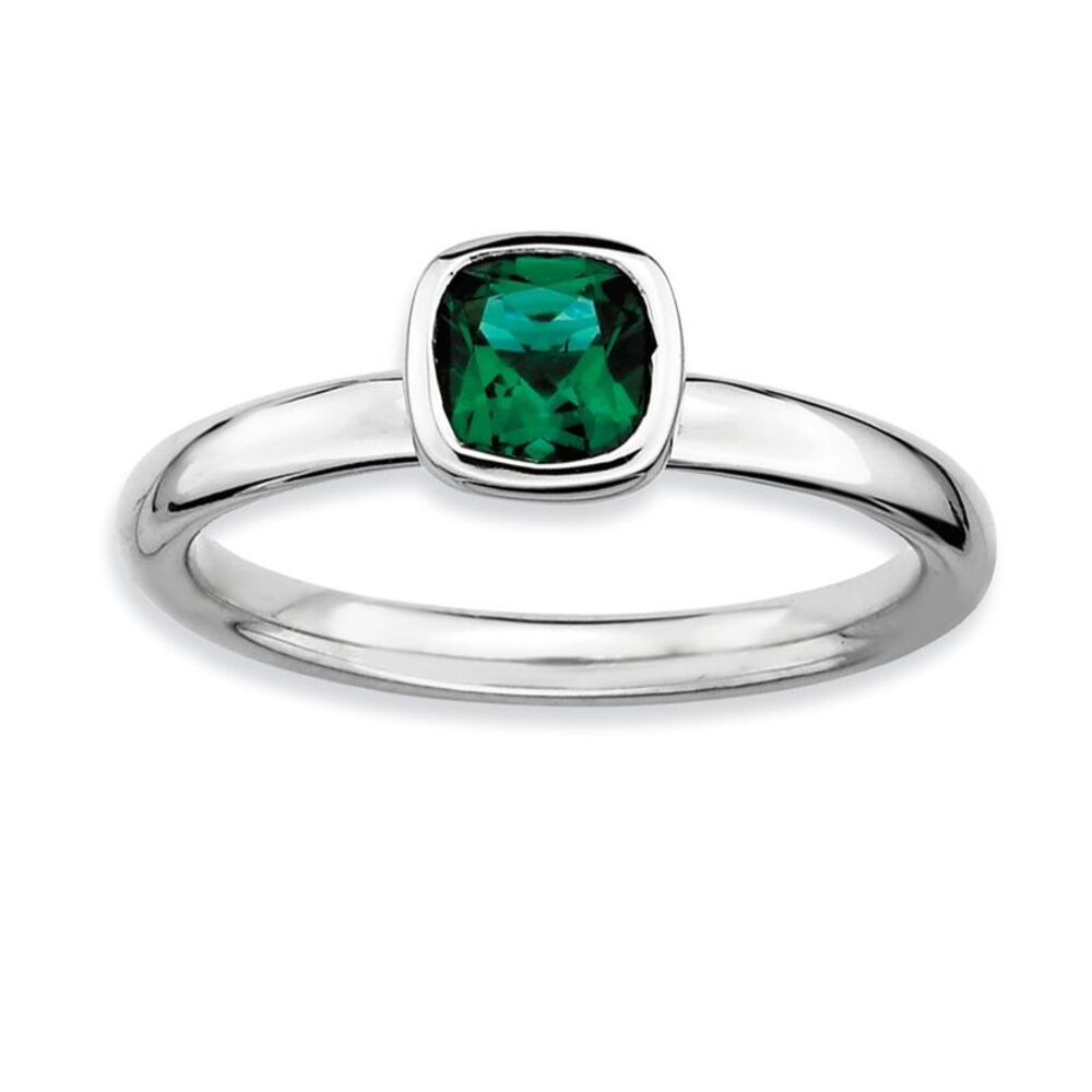 Silver Stackable Cushion Cut Created Emerald Solitaire Ring, Size 5